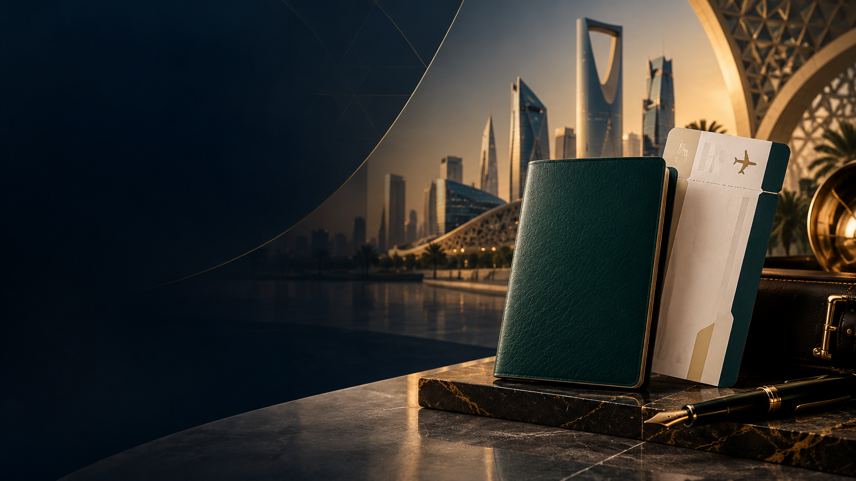 Passport and boarding pass beside a Saudi skyline
