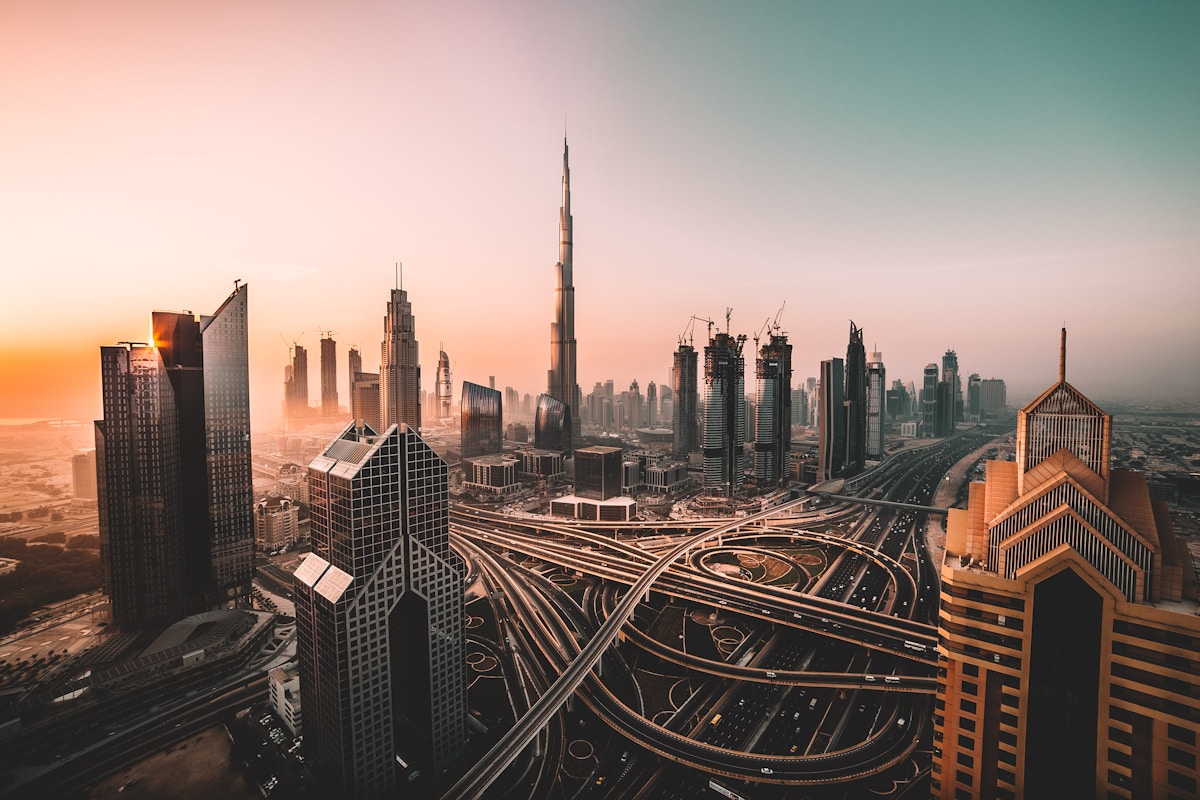 Gulf city skyline at sunset